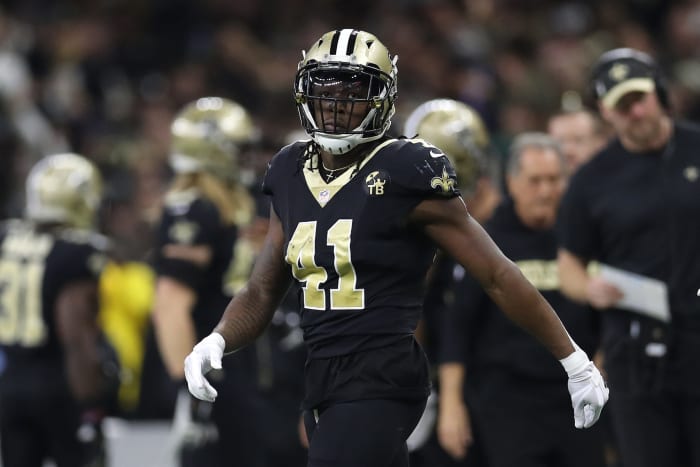 A solo shot of Alvin Kamara taken during a Saints game.