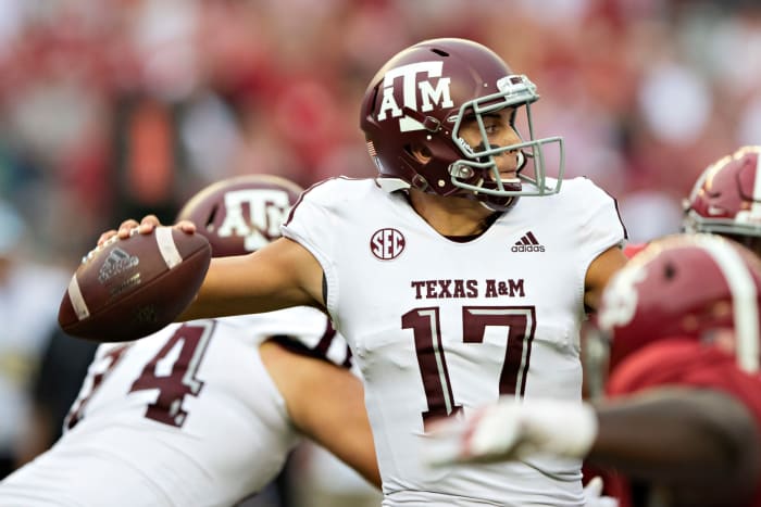 Texas A&M quarterback Nick Starkel drops back to pass.