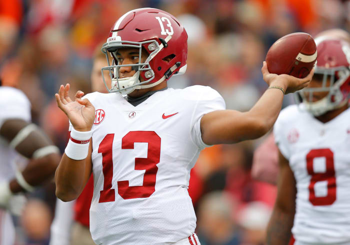 Tua Tagovailoa of the Alabama Crimson Tide warms up prior to the game against the Auburn Tigers at Jordan Hare Stadium.