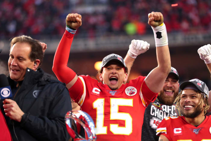 Patrick Mahomes celebrates the Kansas City Chiefs AFC Championship Game win on Sunday, Jan. 19.