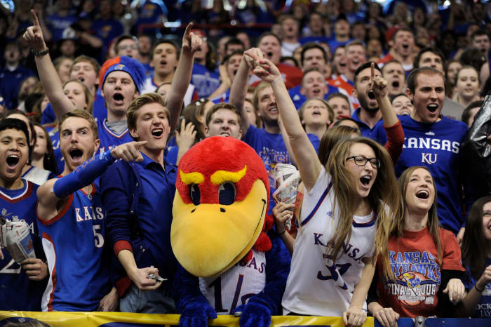 Kansas Jayhawks fans performing during a game.