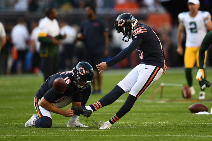 Eddy Pineiro kicks a field goal in warmups for the Bears.