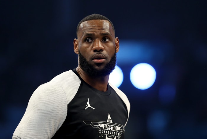 A closeup of LeBron James during warmups for the NBA All-Star game.