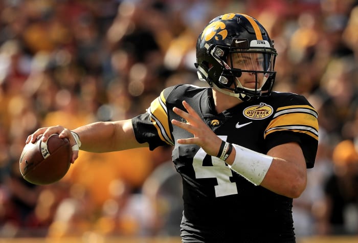 Iowa quarterback Nate Stanley winds up to throw.