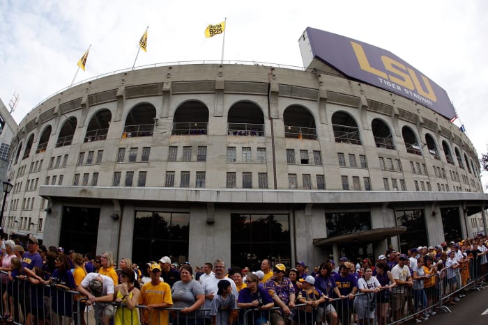 LSU fans wait in line outside Tiger Stadium.