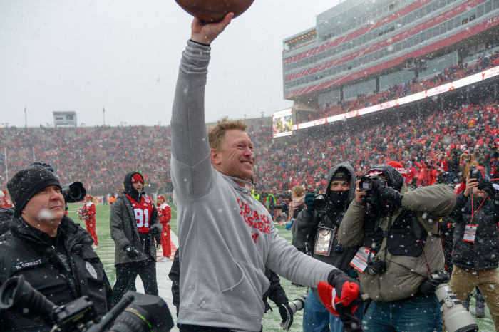Scott Frost celebrating after a Nebraska Cornhuskers game.