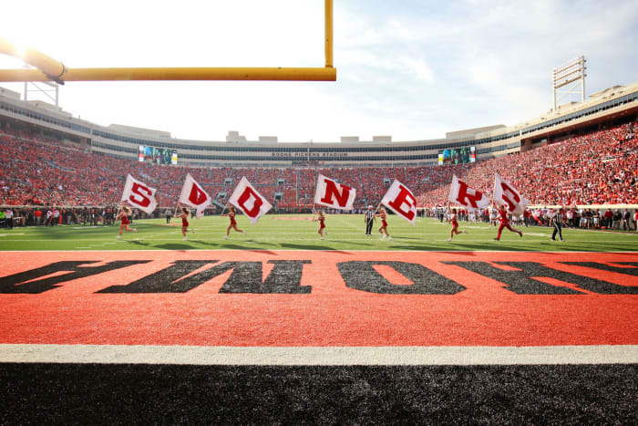 Oklahoma cheerleaders celebrate a touchdown at Oklahoma State.
