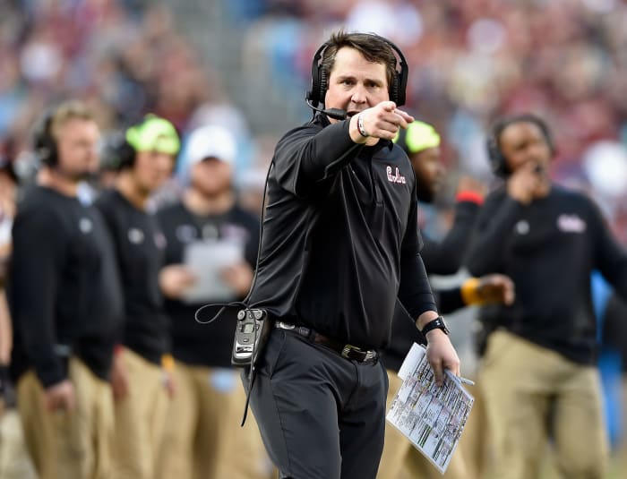 South Carolina football coach Will Muschamp pointing.