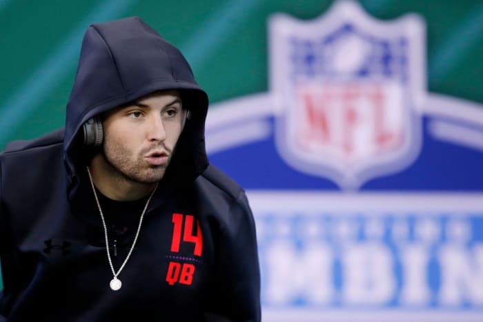 Baker Mayfield warming up at the NFL Combine.
