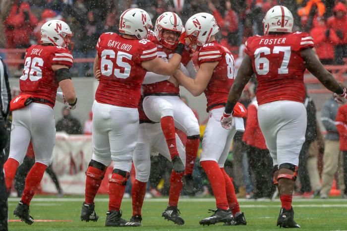 Christian Gaylord of the Nebraska Cornhuskers celebrates.