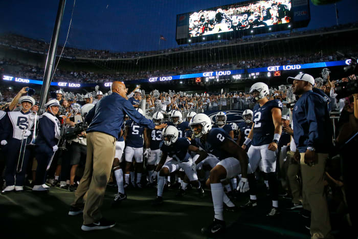 James Franklin rallies his team before a game.