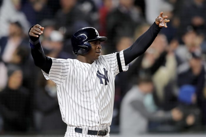 Didi Gregorius celebrates against the Minnesota Twins.