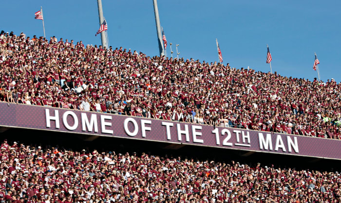 A photo of the 12th man sign in Texas A&M's football stadium.