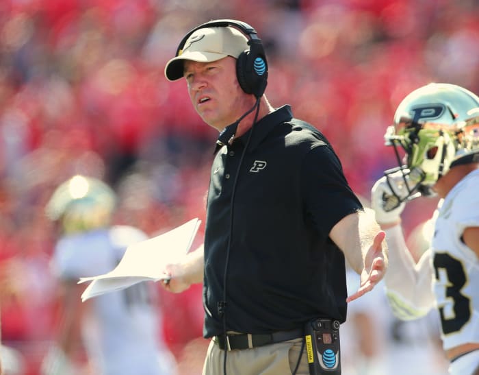 A closeup of Purdue football coach Jeff Brohm on the sideline.