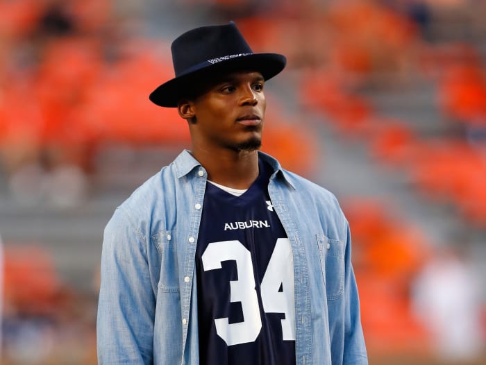 Cam Newton watches warm-ups ahead of Auburn vs. Clemson.