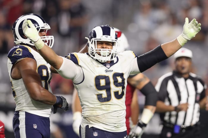 Aaron Donald of the Los Angeles Rams celebrates.