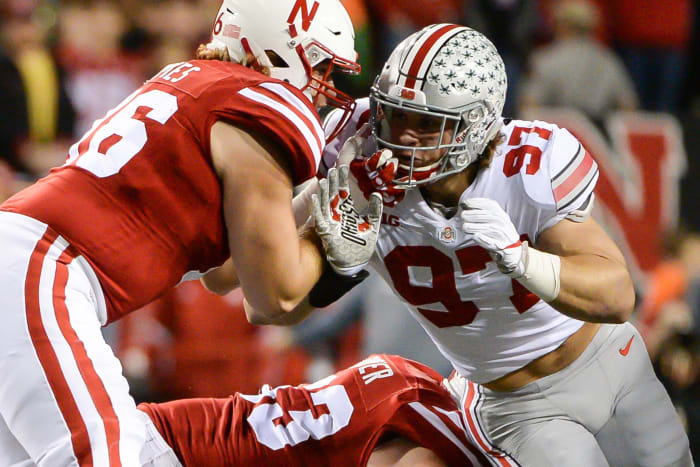 Nick Bosa rushes the passer against Brenden Jaimes during Nebraska-Ohio State,