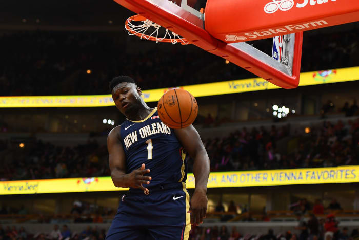 Zion Williamson plays in a preseason game for the Pelicans.