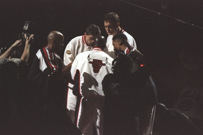 The Chicago Bulls' starters for a 1998 NBA Finals game.