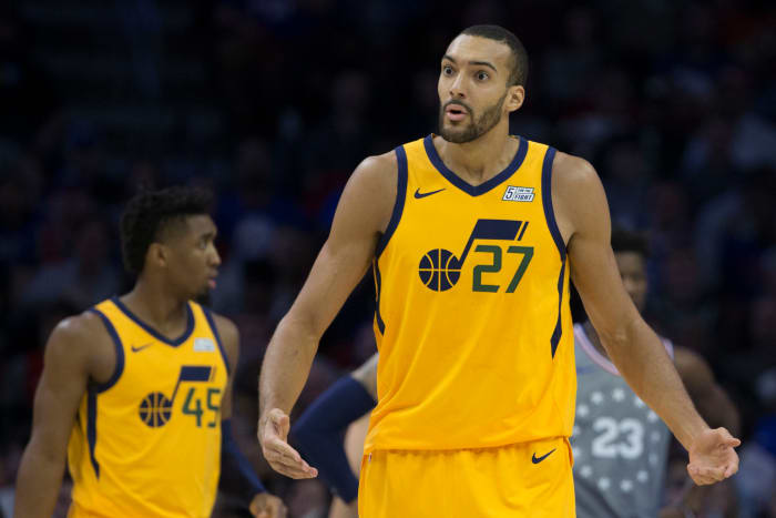 Rudy Gobert reacting to a call during a game.