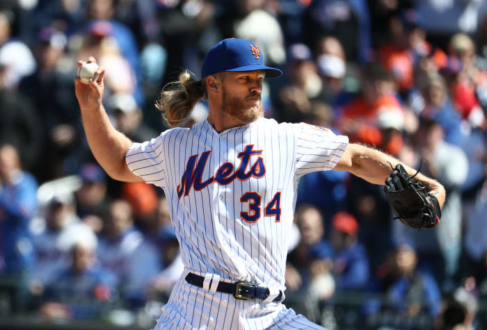 Noah Syndergaard throwing a pitch for the New York Mets in 2019.