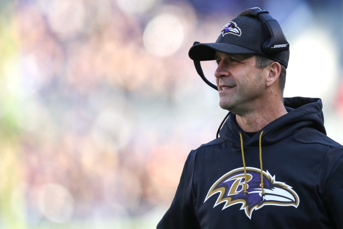A closeup of Baltimore Ravens coach John Harbaugh.