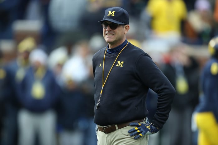 Jim Harbaugh during pregame before Michigan's game.