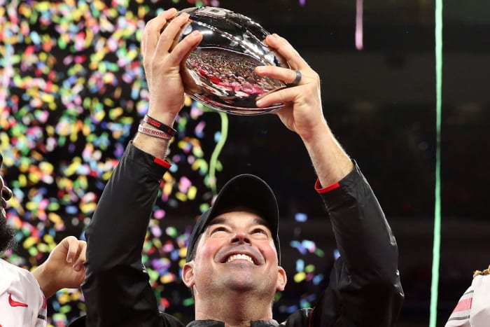 Ohio State head coach Ryan Day celebrates after winning the Big Ten championship.