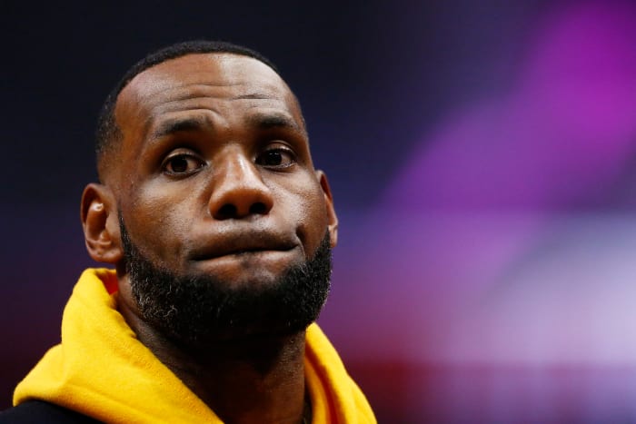 An extreme closeup of LeBron James' face.