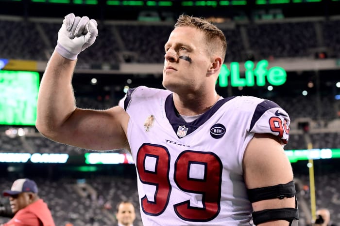J.J. Watt celebrating a Texans win.