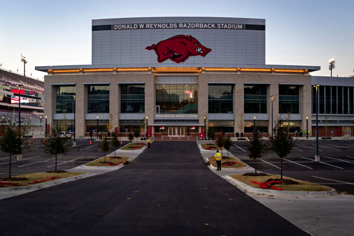 An exterior view of Arkansas' football stadium.