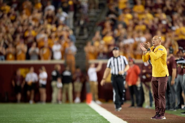 Minnesota Gophers football coach P.J. Fleck on the sideline.