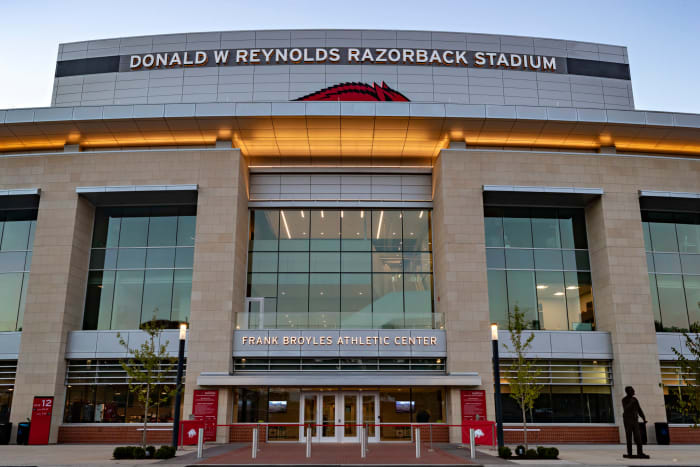 An exterior view of Arkansas' football stadium.
