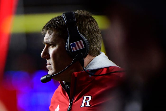A closeup of Rutgers head coach Chris Ash during a football game.