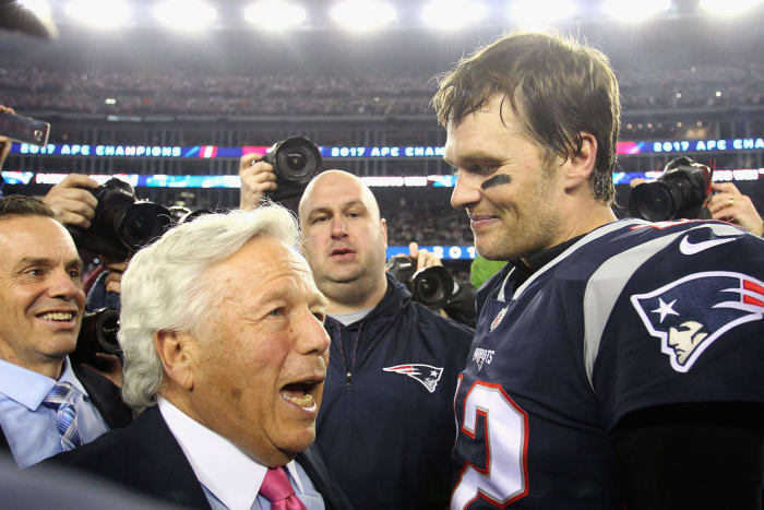 Tom Brady and Robert Kraft celebrate win.