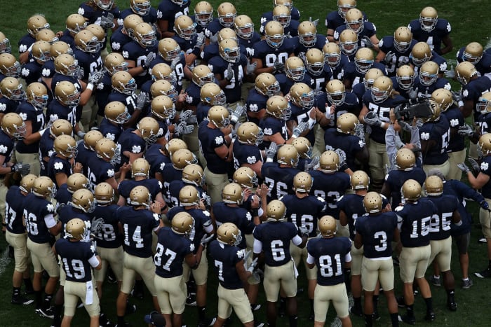 Notre Dame players huddling up.