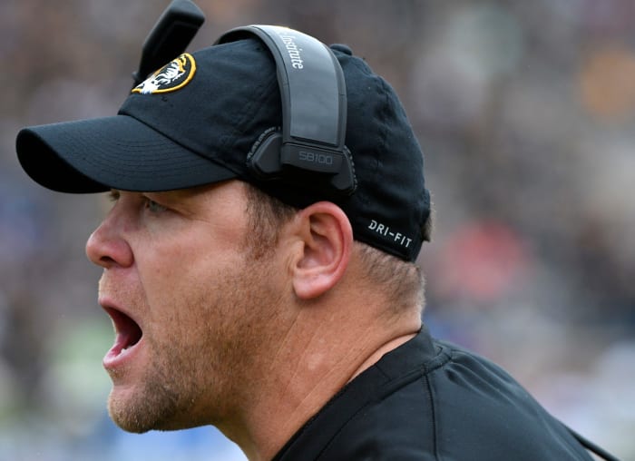 A closeup of Missouri coach Barry Odom.