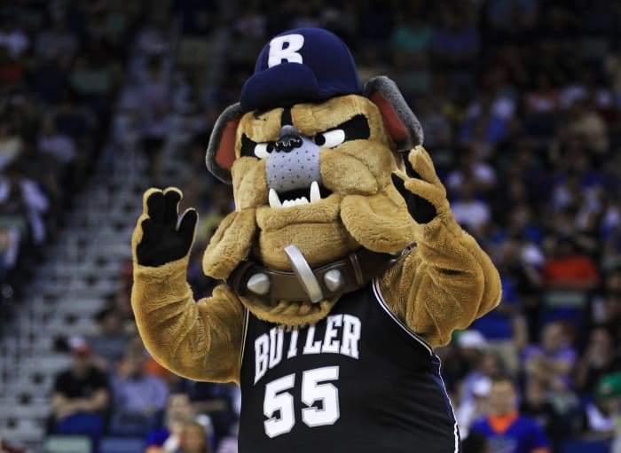Butler's mascot performing during a game.