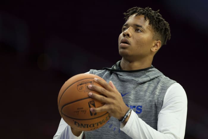 Markelle Fultz warms up before a game.