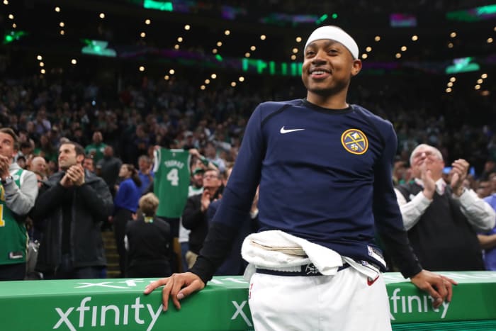 Isaiah Thomas looking at tribute video from Celtics.