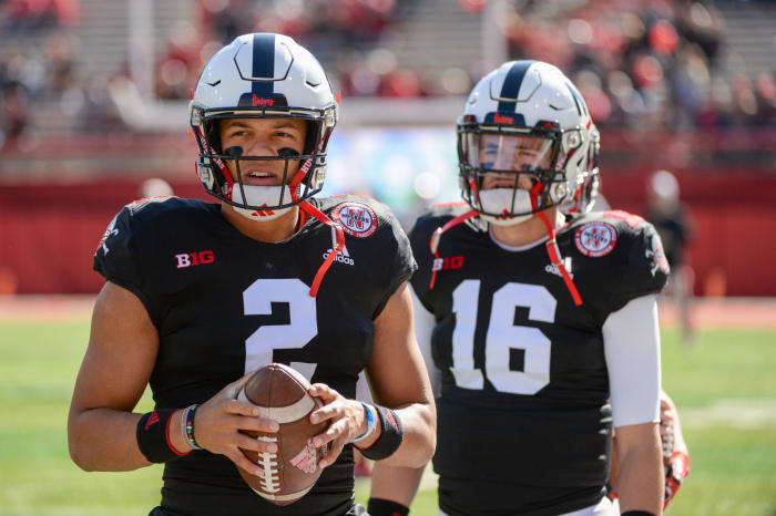 Nebraska's quarterbacks Adrian Martinez and Noah Vedral at home against Indiana.