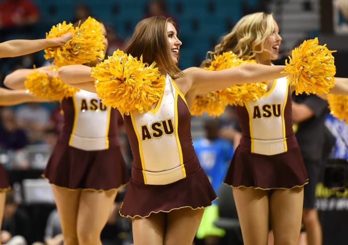 Arizona State Sun Devils cheerleaders perform during a first-round game of the Pac-12 Basketball Tournament against the USC Trojans at the MGM Grand Garden Arena.