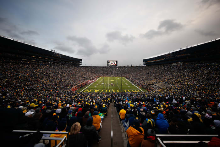 General view of Michigan Stadium during a game between the Indiana Hoosiers and Michigan Wolverines.