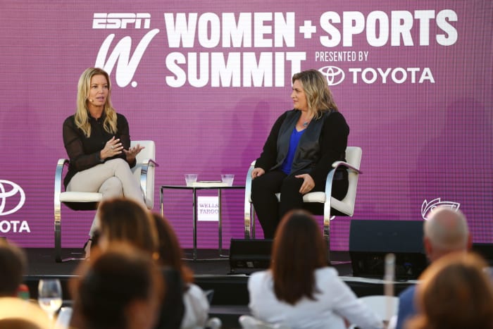 Jeanie Buss and Ramona Shelburne speak at an ESPNW panel.