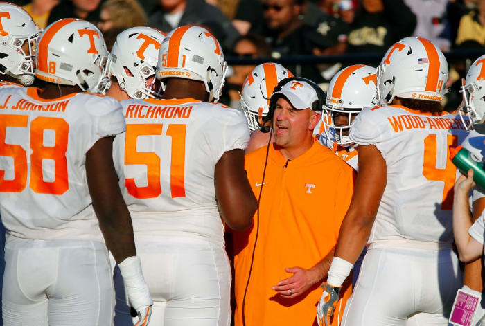 Tennessee football coach Jeremy Pruitt talking to his players.