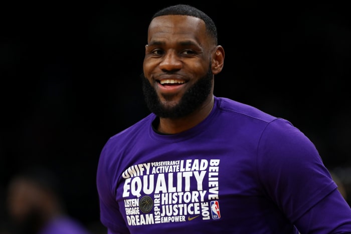 LeBron James smiling during warmups.