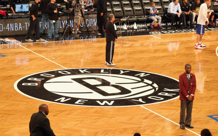 A closeup of the Brooklyn Nets court.