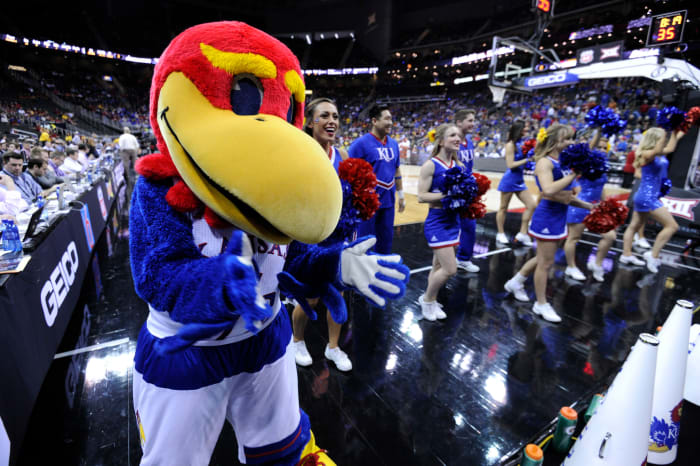 Kansas' mascot performing during a game.