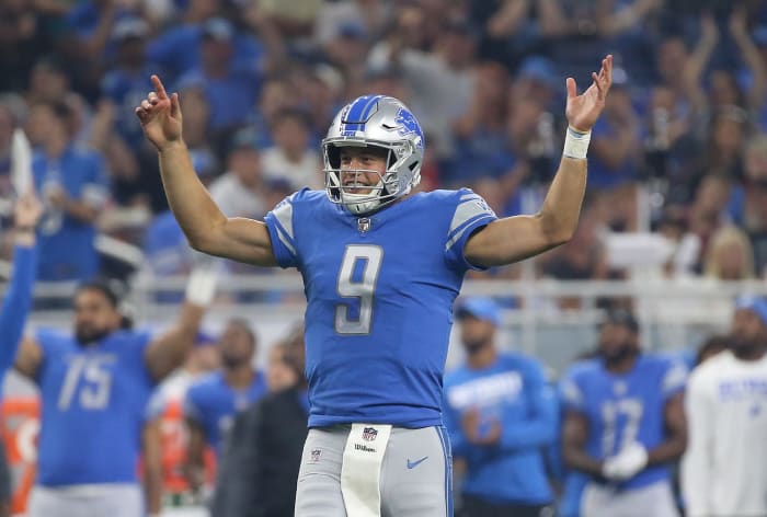 matthew stafford celebrates during a lions game