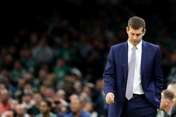 A closeup of Boston Celtics coach Brad Stevens during a game.